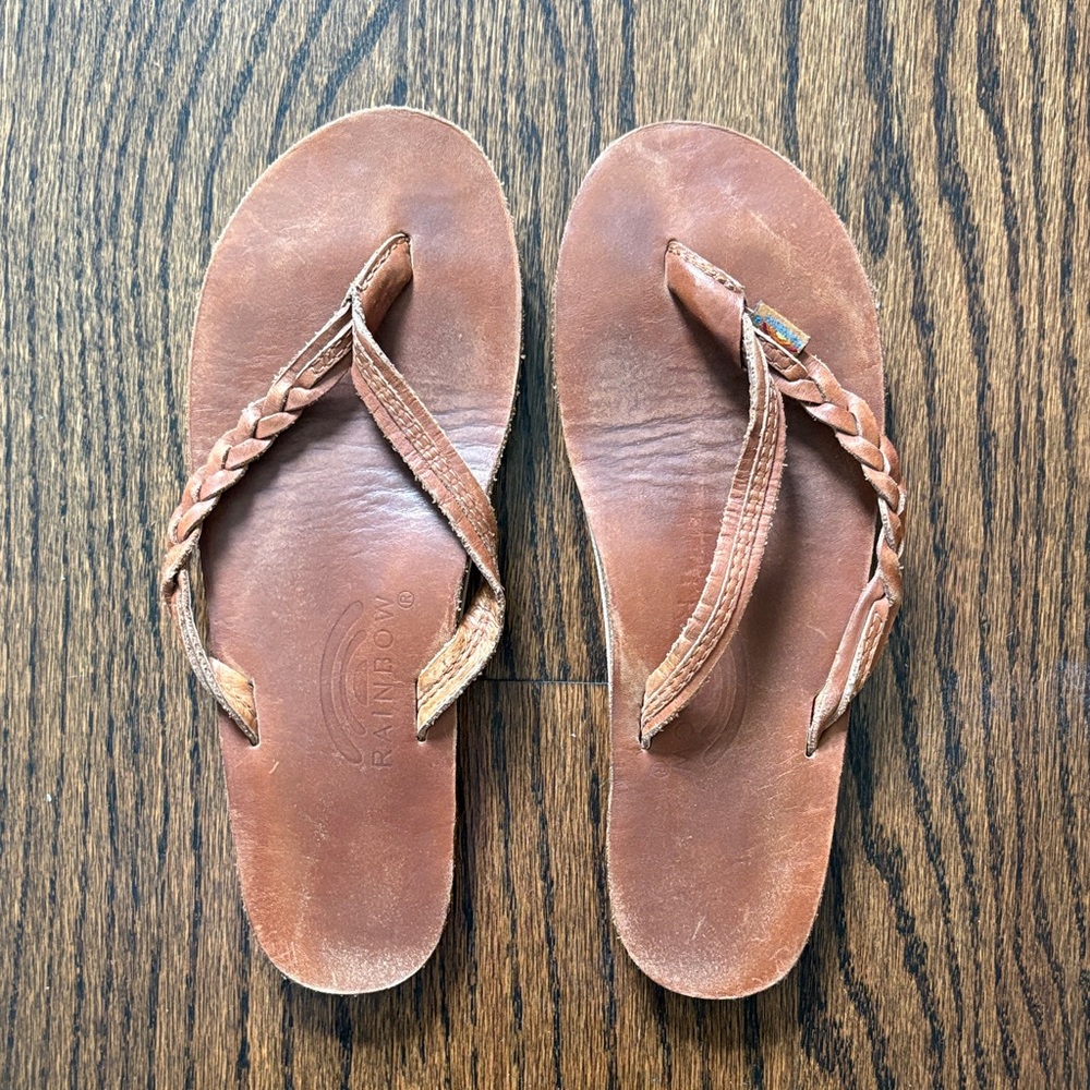 Rainbow Brown Braided Leather Women's Flip Flop Sandals